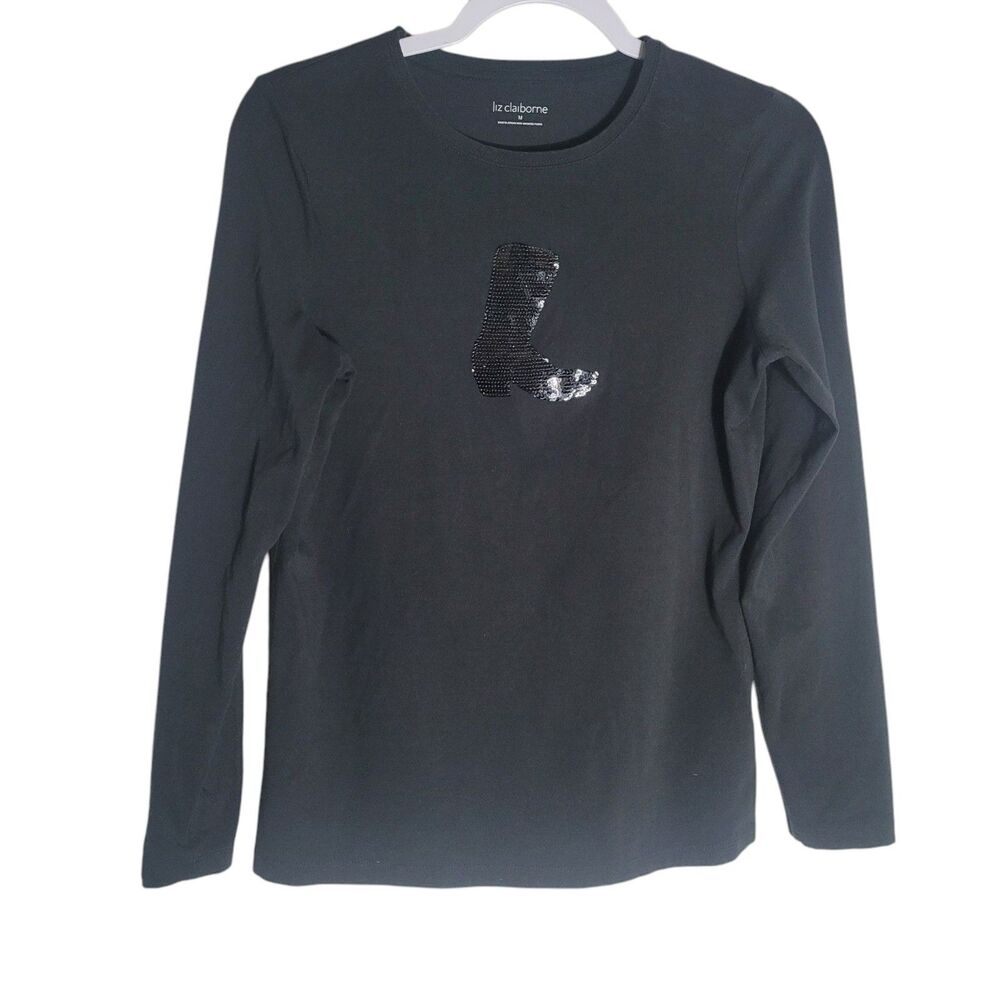 Liz Claiborne Sequin Cowboy Boot Print Shirt Women's Medium Black Western Boho